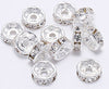 front view of a pile of 10mm silver rhinestone rondelle spacer beads