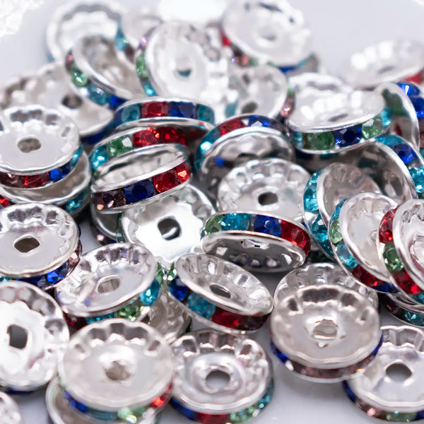 close up view of a pile of Rainbow Rhinestone Rondelle Spacer Beads