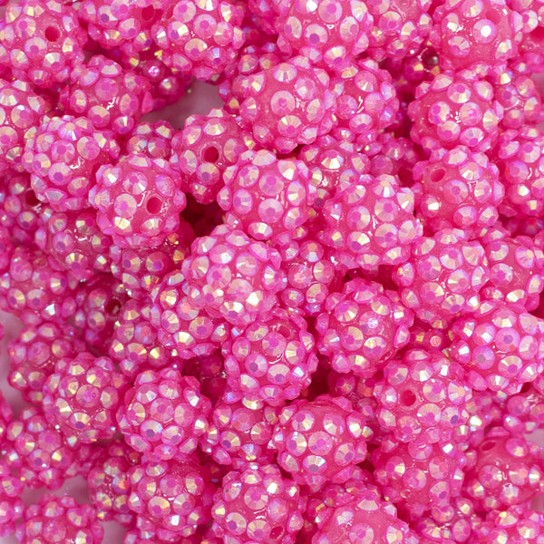close up view of a pile of 12mm Bright Pink Rhinestone AB Bubblegum Beads