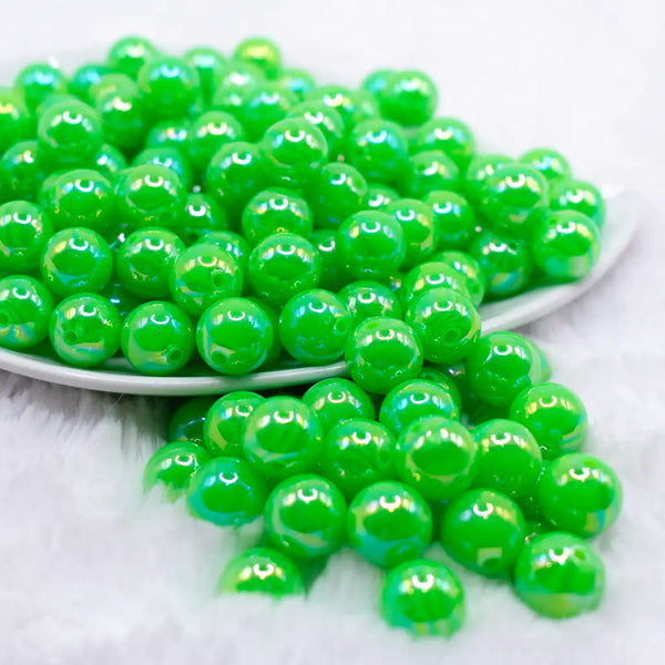 front view of a pile of 12mm Neon Green AB Solid Acrylic Bubblegum Beads