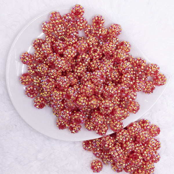 top view of a pile of 12mm Red Shimmer AB Rhinestone Bubblegum Beads