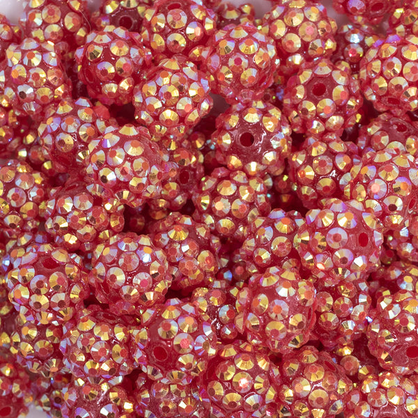 close up view of a pile of 12mm Red Shimmer AB Rhinestone Bubblegum Beads