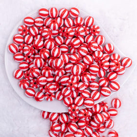 12mm Red with White Stripe Beach Ball Bubblegum Beads