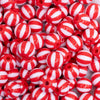 close up view of a pile of 12mm Red with White Stripe Beach Ball Bubblegum Beads