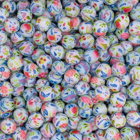 12mm Spring Floral Print Round Silicone Bead