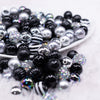 front view of a pile of 12mm Black and Silver Acrylic Bubblegum Bead Mix