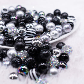 12mm Black and Silver Acrylic Bubblegum Bead Mix