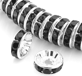 10mm Black Rhinestone Rondelle Spacer Beads - Set of 20