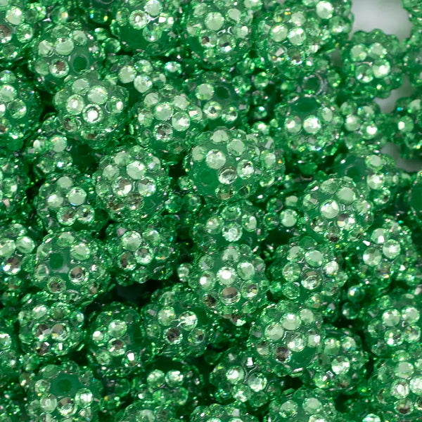 close up view of a pile of 12mm Green Rhinestone Bubblegum Beads