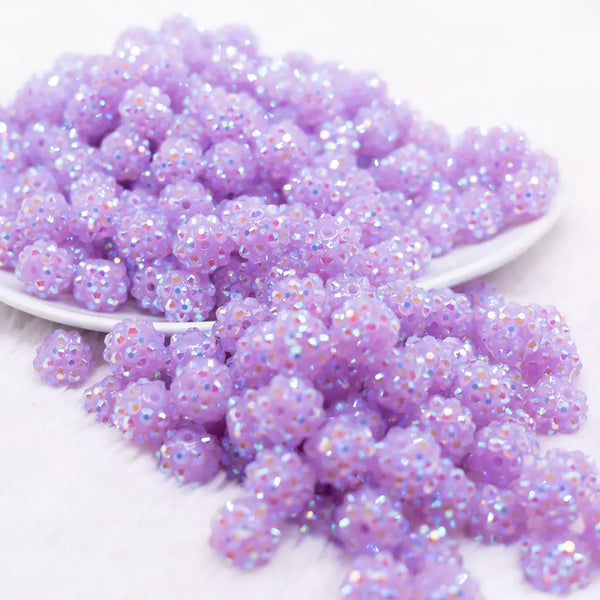 front view of a pile of 12mm Neon Light Purple Rhinestone AB Bubblegum Beads - 10 & 20 Count