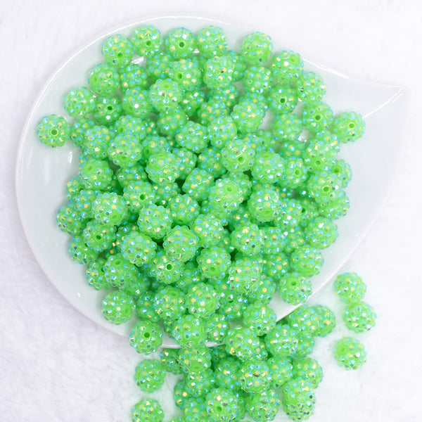 top view of a pile of 12mm Neon Green Rhinestone AB Bubblegum Beads - 10 & 20 Count  