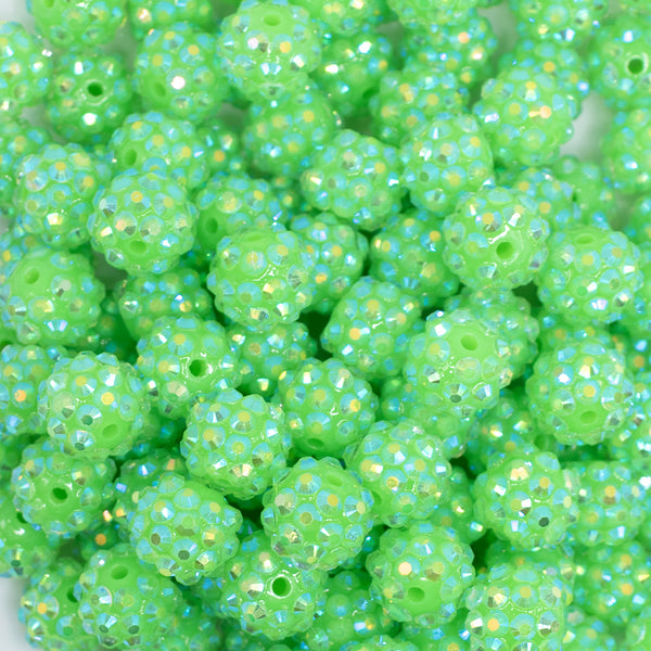 close up view of a pile of 12mm Neon Green Rhinestone AB Bubblegum Beads - 10 & 20 Count  