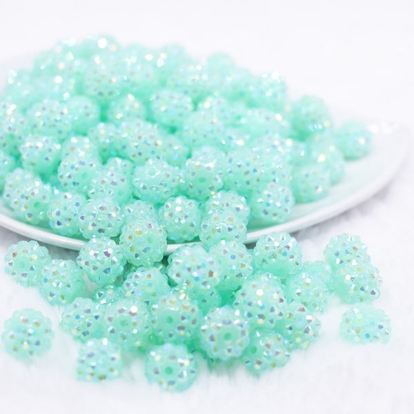 front view of a pile of 12mm Neon Light Blue Rhinestone AB Bubblegum Beads - 10 & 20 Count