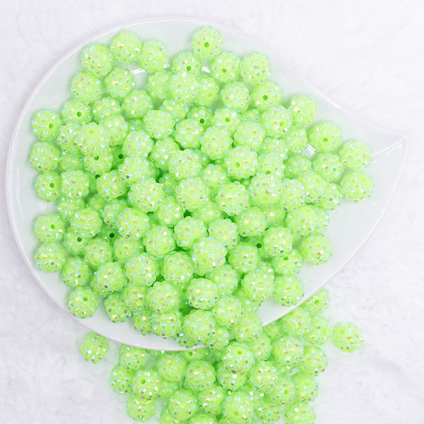 top view of a pile of 12mm Neon Lime Green Rhinestone AB Bubblegum Beads - 10 & 20 Count