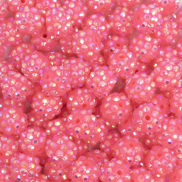 close up view of a pile of 12mm Neon Pink Rhinestone AB Bubblegum Beads - 10 & 20 Count