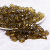 front view of a pile of 12mm Olive Green Transparent Faceted Shaped Bubblegum Beads
