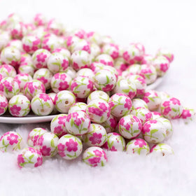 12mm Pink and Green Floral print Bubblegum Beads
