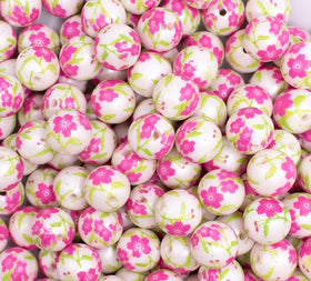 12mm Pink and Green Floral print Bubblegum Beads