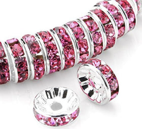 12mm Pink Rhinestone Rondelle Spacer Beads - Set of 10
