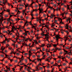 12mm Red and Black Plaid Print Round Silicone Bead