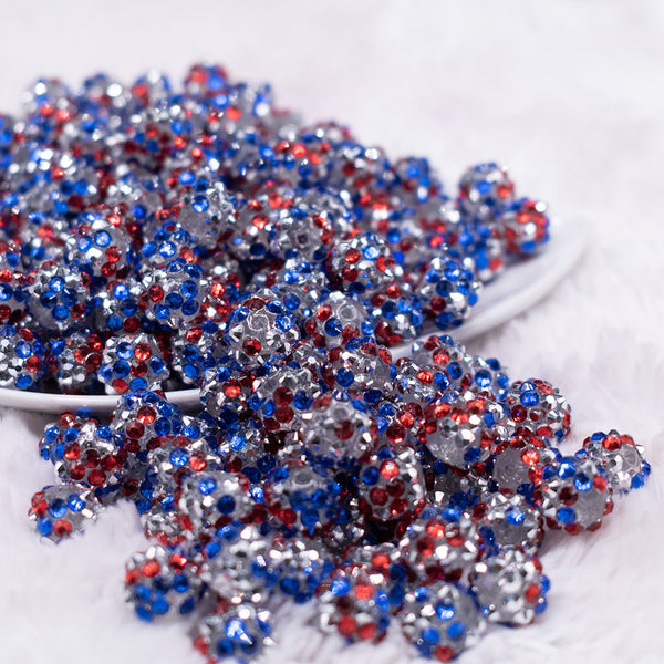 front view of a pile of 12mm Red, White & BlueConfetti Rhinestone AB Bubblegum Beads -10 & 20 Count