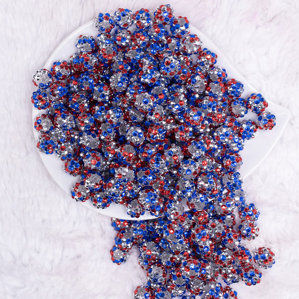 top view of a pile of 12mm Red, White & BlueConfetti Rhinestone AB Bubblegum Beads -10 & 20 Count
