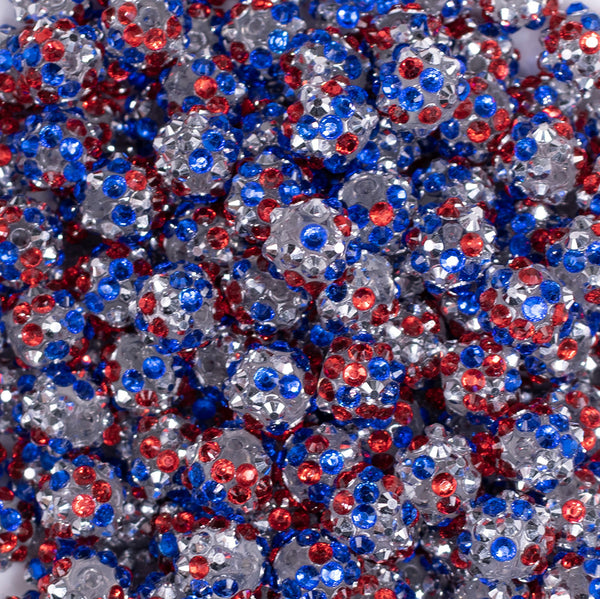 close up view of a pile of 12mm Red, White & BlueConfetti Rhinestone AB Bubblegum Beads -10 & 20 Count