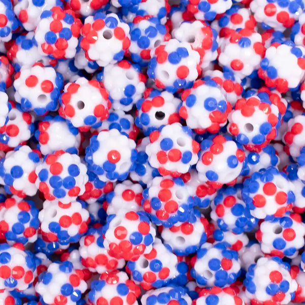 close up view of a pile of 12mm Red, White and Blue Confetti Rhinestone Bubblegum Beads