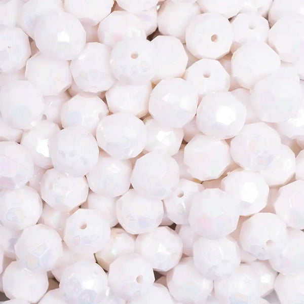 top view of a pile of 12mm White Opaque AB Faceted Shaped Bubblegum Beads