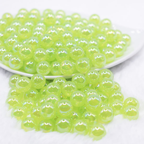front view of a pile of 12mm Lime Green Jelly AB Acrylic Bubblegum Beads - 20 Count