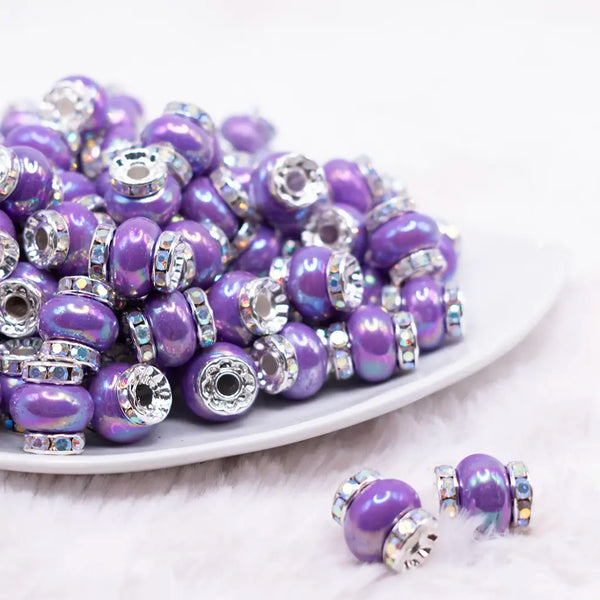 front view of a pile of 15mm Purple Spacer Bead with Rhinestone Rondelle - 5 Count per order (Copy)