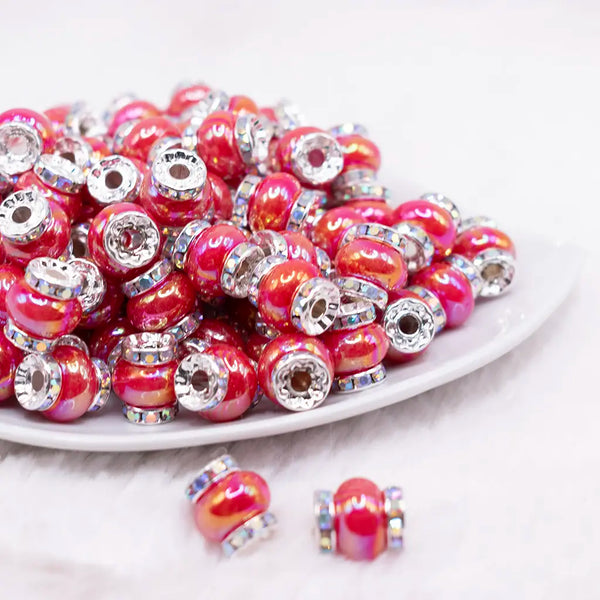 front view of a a pile of 15mm Red Spacer Bead with Rhinestone Rondelle - 5 Count per order
