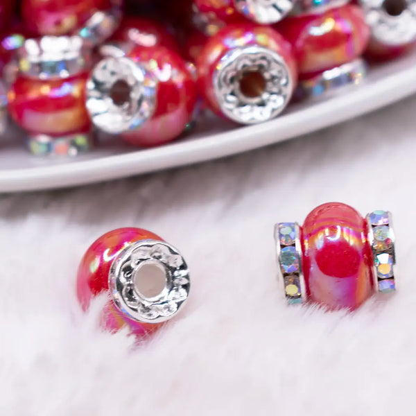 macro view of a a pile of 15mm Red Spacer Bead with Rhinestone Rondelle - 5 Count per order