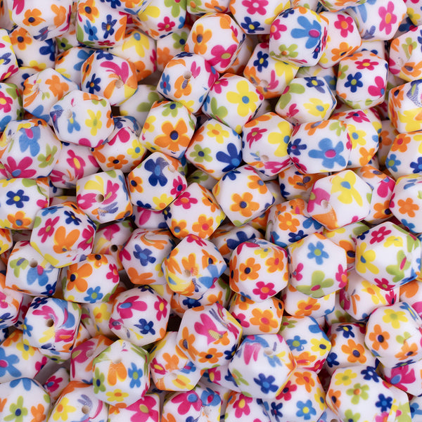 close up view of a pile of 14mm Bright Flower Hexagon Silicone Bead