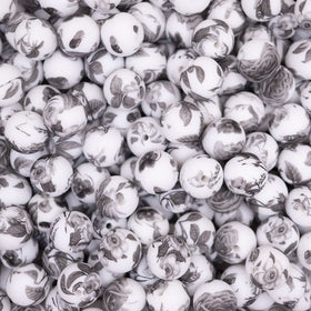 15mm Gray Floral Print Silicone Bead