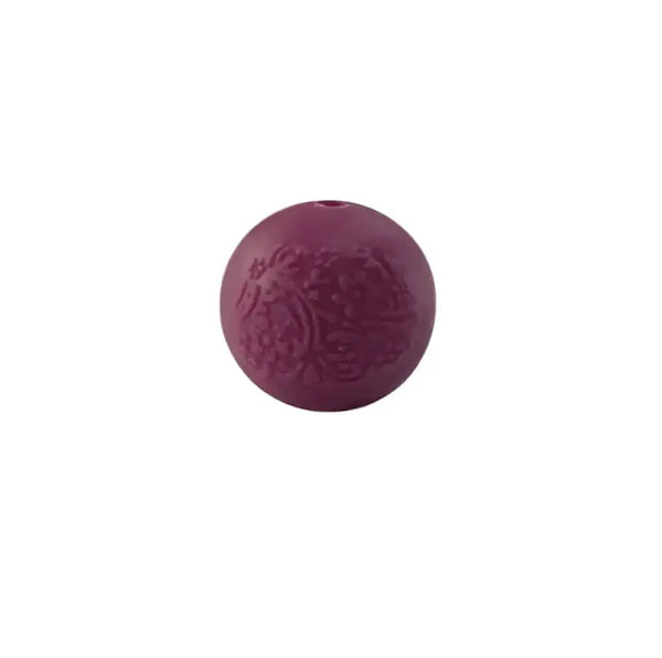 front view of a pile of 15mm Wine Red Embossed Floral Print Silicone Bead