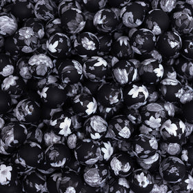 15mm Black/Gray Floral Print Silicone Bead