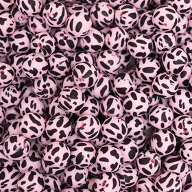 15mm Pink and Black Cow Print Silicone Bead