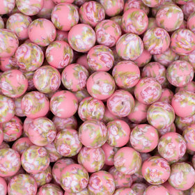 15mm Pink with Floral Print Silicone Bead