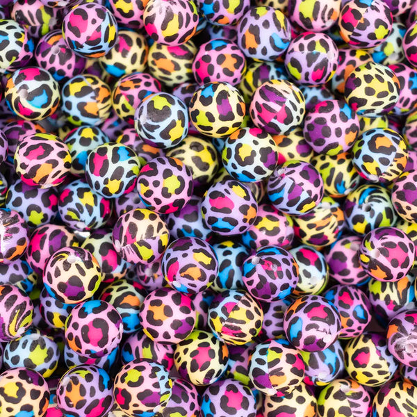 top view of a pile of 15mm Rainbow Leopard Silicone Bead