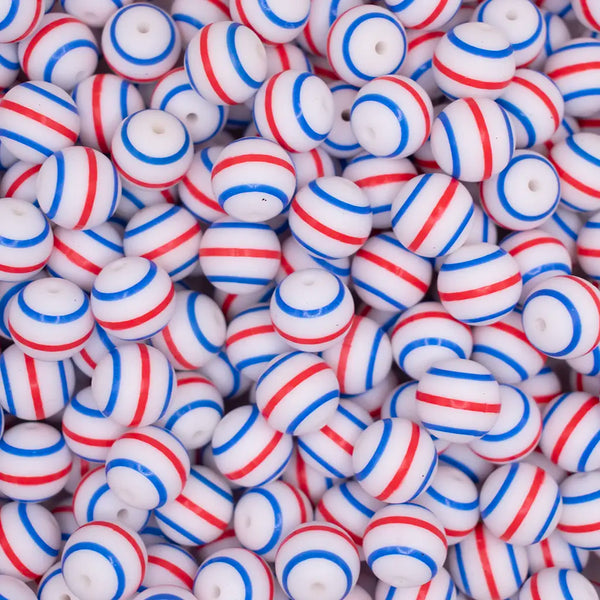 top view of a pile of 15mm Red and Blue Stripes Print Silicone Bead