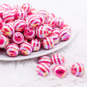 16MM Hot Pink with AB Stripes Bubblegum Beads