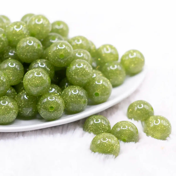 front view of a pile of 16mm Lime Green Glitter Sparkle Bubblegum Beads