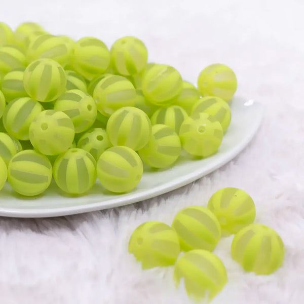 front view of a pile of 16MM Lime Green Frosted Beach Ball Bubblegum Beads