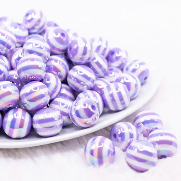 front view of a pile of 16MM Purple with AB Stripes Bubblegum Beads