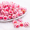 font view of a pile of 16MM Red with AB Stripes Bubblegum Beads