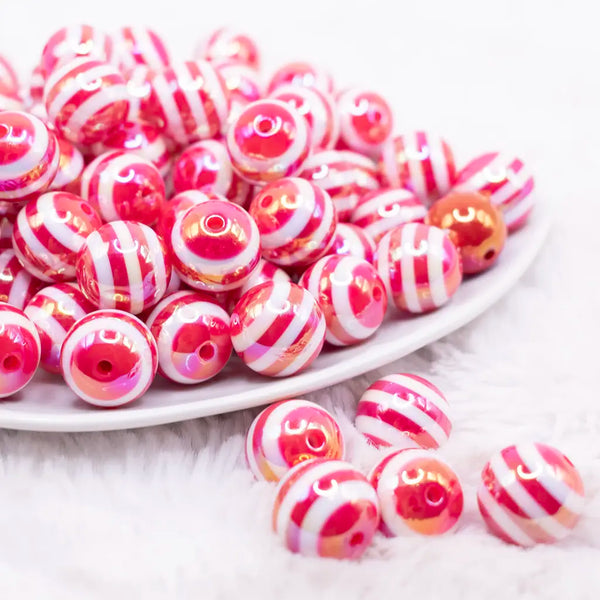 font view of a pile of 16MM Red with AB Stripes Bubblegum Beads