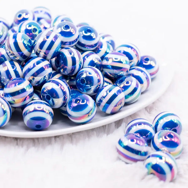 front view of a pile of 16MM Royal Blue with AB Stripes Bubblegum Beads