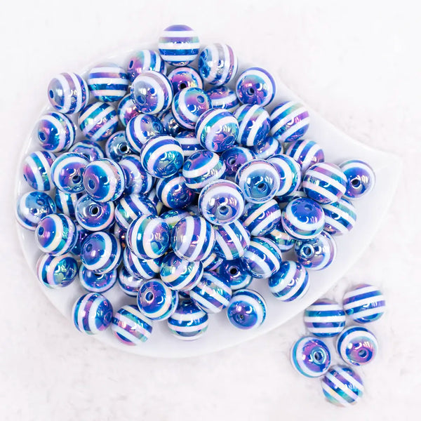 top view of a pile of 16MM Royal Blue with AB Stripes Bubblegum Beads