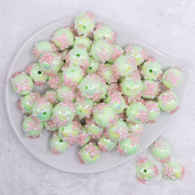 16mm Spearmint Green with Pink Flowers luxury acrylic beads